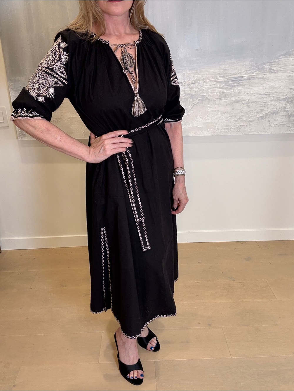 Ulla Johnson Black Midi Dress with White Embroidery